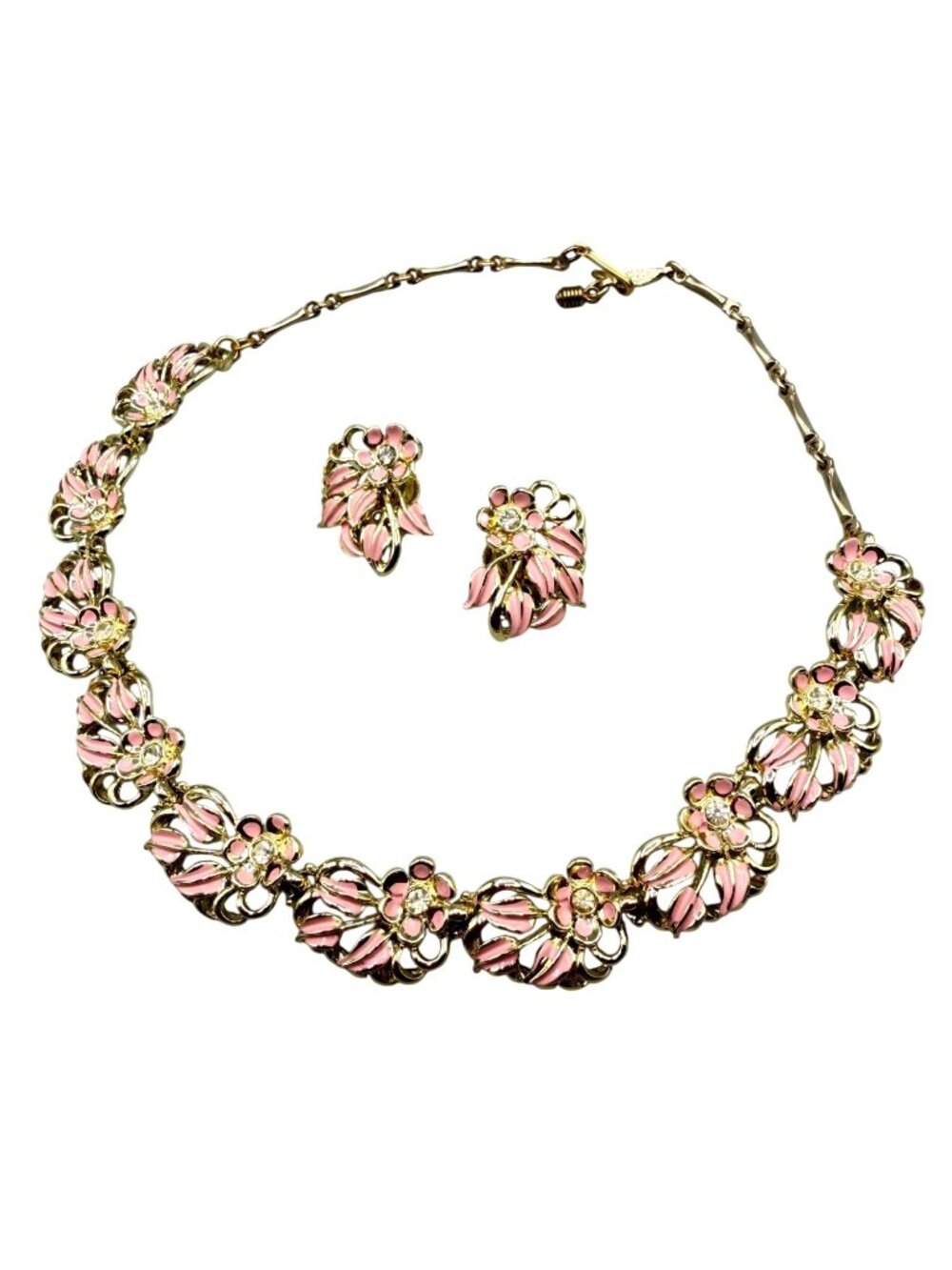 Vintage Pink Floral Necklace And Matching Earrings 70s Enamel Costume Jewelry